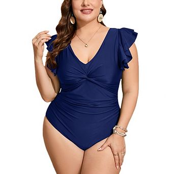 Women's Plus One-Piece Swimsuit Sleevesless V-Neck Ruched Waist Bathing Swim Suit for Beach Pool