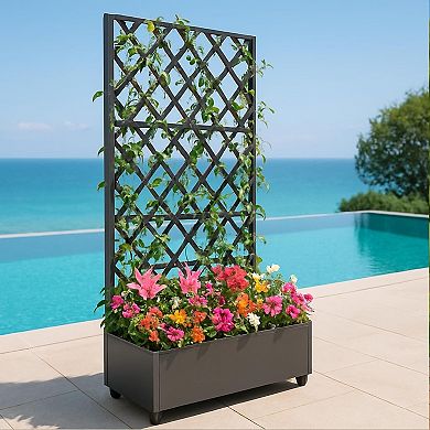ANIXOL Metal Planter Box with Diamond Trellis and Wheels, Rolling Raised Garden Bed for Outdoor Use