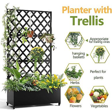 ANIXOL Metal Planter Box with Diamond Trellis and Wheels, Rolling Raised Garden Bed for Outdoor Use