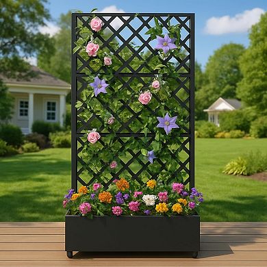 ANIXOL Metal Planter Box with Diamond Trellis and Wheels, Rolling Raised Garden Bed for Outdoor Use