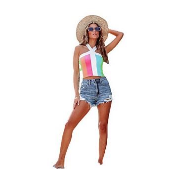 Women Casual High Waisted Denim Shorts Frayed Raw Hem Ripped Jeans Shorts