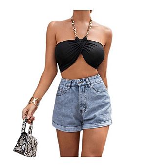 Women's High Rise Short Causal Y2K Roll Up Hem Straight Leg Denim Jean Shorts with Pocket