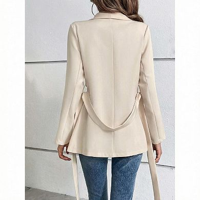 Casual Blazer for Women Belted Notch Lapel Long Sleeve Office Jacket