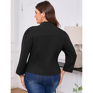 Women Plus Size Casual Blazer Lapel Puff Sleeve Cardigan Jacket