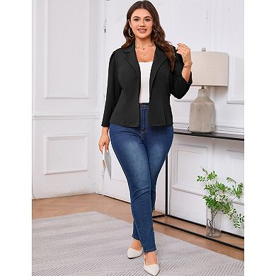 Women Plus Size Casual Blazer Lapel Puff Sleeve Cardigan Jacket