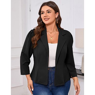 Women Plus Size Casual Blazer Lapel Puff Sleeve Cardigan Jacket