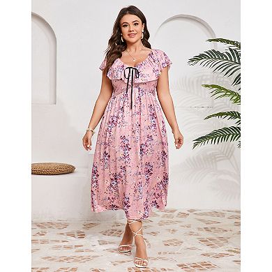 Women's Plus Size Elegant Ruffle Sleeve Tie Front Maxi Dress