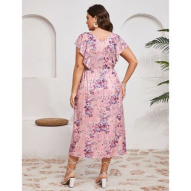 Women's Plus Size Elegant Ruffle Sleeve Tie Front Maxi Dress