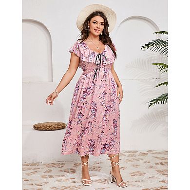 Women's Plus Size Elegant Ruffle Sleeve Tie Front Maxi Dress