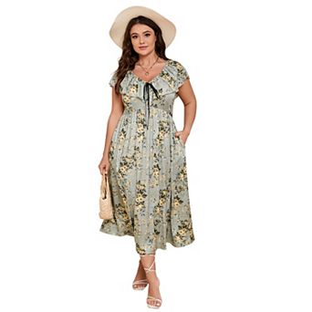 Women's Plus Size Elegant Ruffle Sleeve Tie Front Maxi Dress