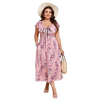 Women's Plus Size Elegant Ruffle Sleeve Tie Front Maxi Dress
