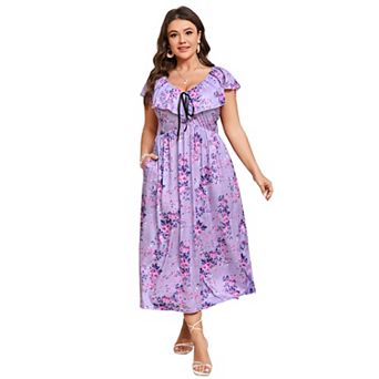 Women's Plus Size Elegant Ruffle Sleeve Tie Front Maxi Dress