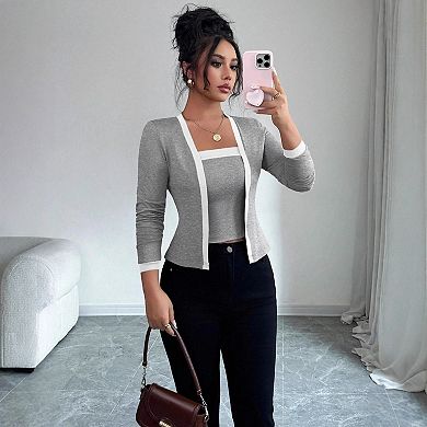 Women's 2 Piece Color Block Cardigan and Top Casual Clothing Sets