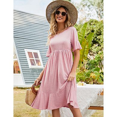 Women's Casual High Waist Ruffle Sleeve Flowy A-line Dress