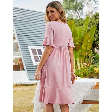 Women's Casual High Waist Ruffle Sleeve Flowy A-line Dress