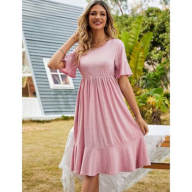 Women's Casual High Waist Ruffle Sleeve Flowy A-line Dress