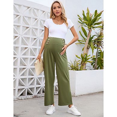 Women Maternity Pants Stretchy Wide Leg Trousers with Pockets
