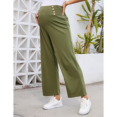 Women Maternity Pants Stretchy Wide Leg Trousers with Pockets