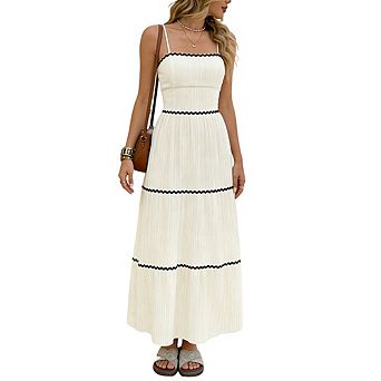 Women's Spaghetti Strap Maxi Dress Square Neck Back Bow Tie Dress Sleeveless Flowy Summer Dress