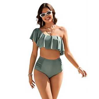 Women's One Shoulder Bikini Sets 2 pc Ruffle Hem Swimsuits