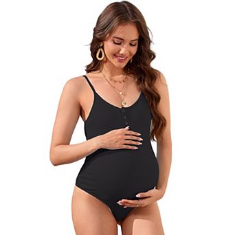 Women One Piece Maternity Swimsuit Spaghetti Strap Button Neck Bathing Suit