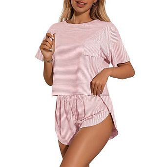 Women's 2 pc Loungewear Set Cropped Short Sleeve Top High Waist Wide Shorts for Sleep Casual