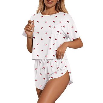 Women's 2 pc Loungewear Set Cropped Short Sleeve Top High Waist Wide Shorts for Sleep Casual