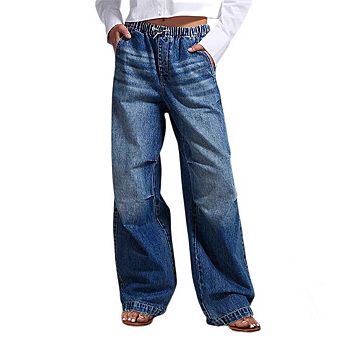 Women Wide Leg Jean Stretchy Drawstring Denim Pants