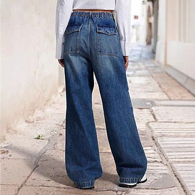Women Wide Leg Jean Stretchy Drawstring Denim Pants