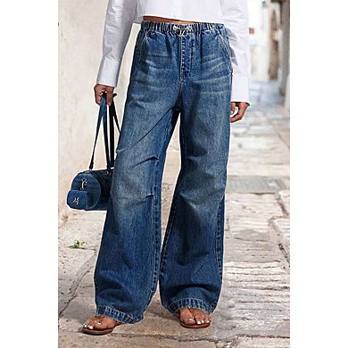 Women Wide Leg Jean Stretchy Drawstring Denim Pants