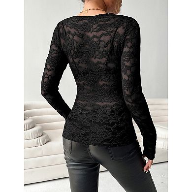 Women Mesh Top Lace Long Sleeve Slim Fitted See Through Blouses