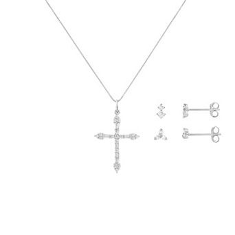 PRIMROSE Silver-Plated Cubic Zirconia Cross Pendant Necklace & Stud Earrings Set