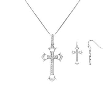 PRIMROSE Fine Silver Plated Cubic Zirconia Cross Pendant Necklace & Drop Earring Set