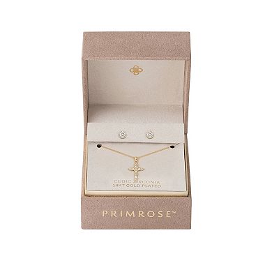 PRIMROSE Cubic Zirconia Cross Pendant Necklace & Round Stud Earrings Set