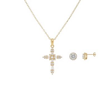 PRIMROSE Cubic Zirconia Cross Pendant Necklace & Round Stud Earrings Set