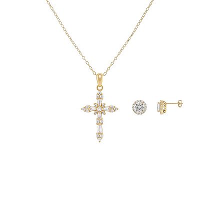 PRIMROSE Cubic Zirconia Cross Pendant Necklace & Round Stud