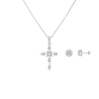 PRIMROSE Cubic Zirconia Cross Pendant Necklace & Round Stud Earrings Set