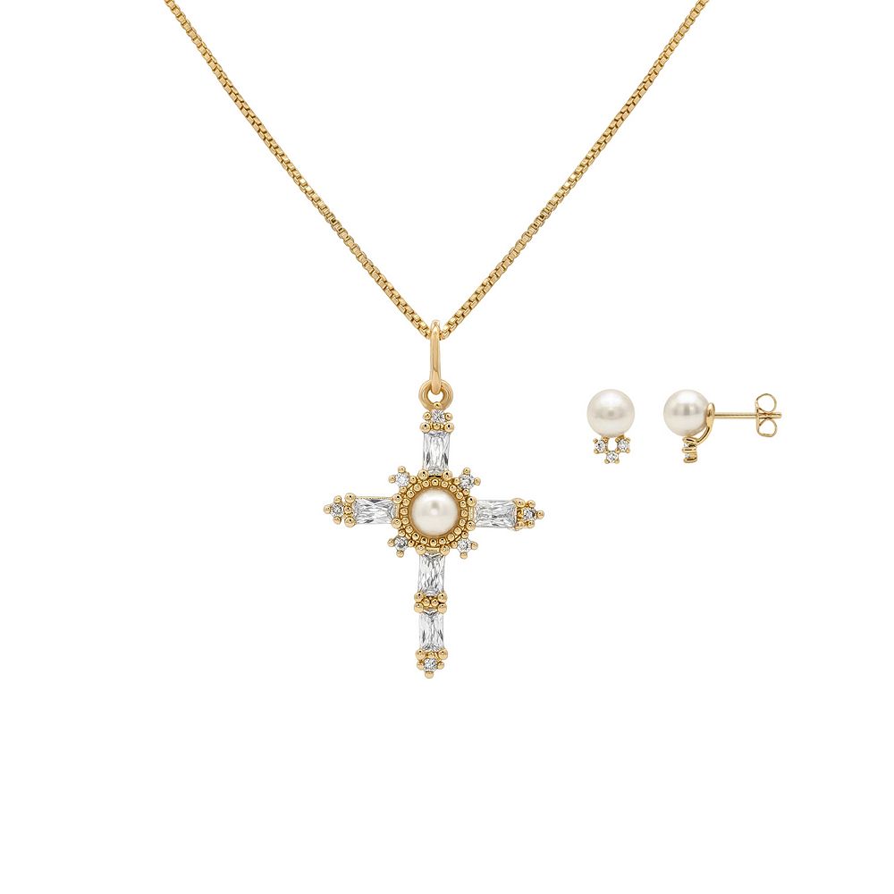 PRIMROSE Cubic Zirconia Simulated Pearl Cross Pendant Necklace