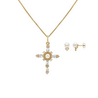 PRIMROSE Cubic Zirconia Simulated Pearl Cross Pendant Necklace & Stud Earrings Set