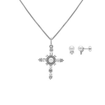 PRIMROSE Cubic Zirconia Simulated Pearl Cross Pendant Necklace & Stud Earrings Set