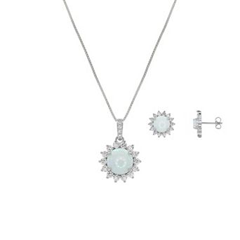 PRIMROSE Fine Silver Plated Simulated Opal & Cubic Zirconia Pendant Necklace & Stud Earring Set