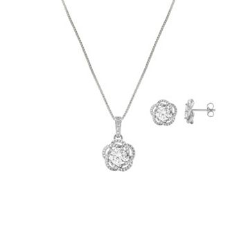 PRIMROSE Fine Silver Plated Cubic Zirconia Loveknot Pendant Necklace & Stud Earring Set
