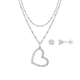 PRIMROSE Fine Silver Plated Cubic Zirconia Heart Pendant Necklace & Stud Earring Set