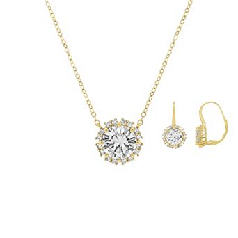 PRIMROSE 14k Gold Flash Plated Cubic Zirconia Halo Necklace & Drop Earring Set
