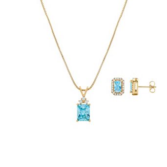 PRIMROSE 14k Gold Flash Plated Emerald-Cut Cubic Zirconia Pendant Necklace & Stud Earring Set