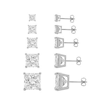PRIMROSE 5-Pair Cubic Zirconia Princess Cut Stud Earring Set