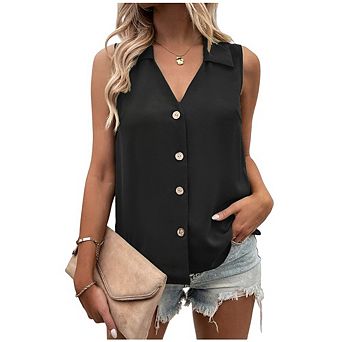 Women's Collar V Neck Button Down Sleeveless Business Tank Top