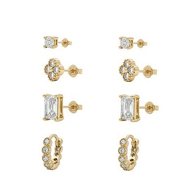 PRIMROSE 4-Pair Cubic Zirconia Shapes Stud & Hoop Earrings Set