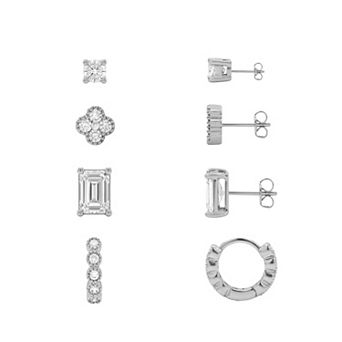 PRIMROSE 4-Pair Cubic Zirconia Shapes Stud & Hoop Earrings Set