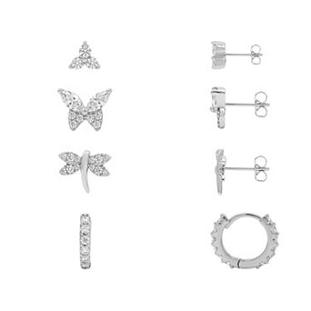 PRIMROSE 4-Pair Silver Plated Cubic Zirconia Whimsical Stud & Hoop Earrings Set